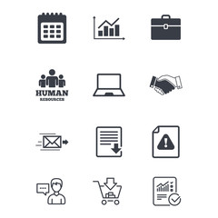 Office, documents and business icons. Human resources, handshake and download signs. Chart, laptop and calendar symbols. Customer service, Shopping cart and Report line signs. Vector