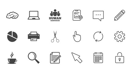 Office, documents and business icons. Human resources, notebook and printer signs. Scissors, magnifier and coffee symbols. Chat, Report and Calendar line signs. Service, Pencil and Locker icons