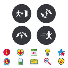 Life insurance hands protection icon. Human running symbol. Emergency exit with arrow sign. Calendar, Information and Download signs. Stars, Award and Book icons. Light bulb, Shield and Search. Vector