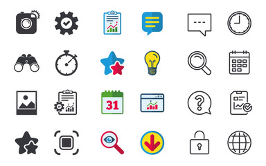 Hipster retro photo camera icon. Autofocus zone symbol. Stopwatch timer sign. Landscape photo frame. Chat, Report and Calendar signs. Stars, Statistics and Download icons. Question, Clock and Globe