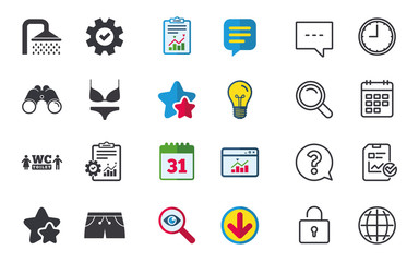 Swimming pool icons. Shower water drops and swimwear symbols. WC Toilet sign. Trunks and women underwear. Chat, Report and Calendar signs. Stars, Statistics and Download icons. Vector