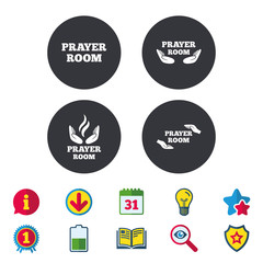 Prayer room icons. Religion priest faith symbols. Pray with hands. Calendar, Information and Download signs. Stars, Award and Book icons. Light bulb, Shield and Search. Vector