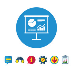 Presentation billboard sign icon. Scheme and Diagram symbol. Information, Report and Speech bubble signs. Binoculars, Service and Download icons. Vector