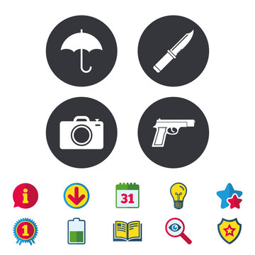Gun weapon icon.Knife, umbrella and photo camera signs. Edged hunting equipment. Prohibition objects. Calendar, Information and Download signs. Stars, Award and Book icons. Vector