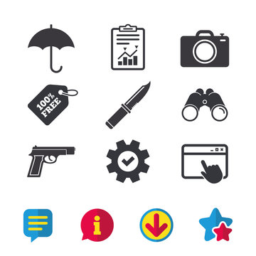 Gun weapon icon.Knife, umbrella and photo camera signs. Edged hunting equipment. Prohibition objects. Browser window, Report and Service signs. Binoculars, Information and Download icons. Vector