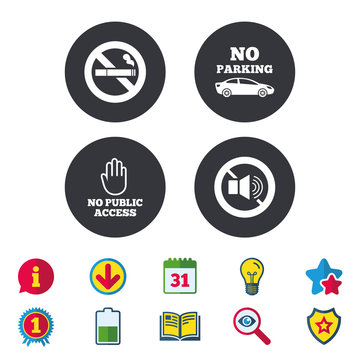 Stop smoking and no sound signs. Private territory parking or public access. Cigarette and hand symbol. Calendar, Information and Download signs. Stars, Award and Book icons. Vector