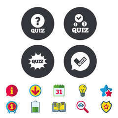 Quiz icons. Speech bubble with check mark symbol. Explosion boom sign. Calendar, Information and Download signs. Stars, Award and Book icons. Light bulb, Shield and Search. Vector