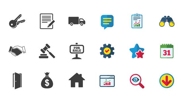 Real estate, auction icons. Handshake, for sale and money bag signs. Keys, delivery truck and door symbols. Calendar, Report and Download signs. Stars, Service and Search icons. Vector