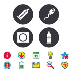 Safe sex love icons. Condom in package symbol. Sperm sign. Fertilization or insemination. Heart symbol. Calendar, Information and Download signs. Stars, Award and Book icons. Vector
