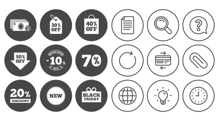 Sale discounts icon. Shopping, black friday and cash money signs. 10, 20, 50 and 70 percent off. Special offer symbols. Document, Globe and Clock line signs. Lamp, Magnifier and Paper clip icons