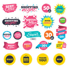 Sale shopping banners. Sale speech bubble icon. Thank you symbol. New star circle sign. Big sale shopping bag. Web badges, splash and stickers. Best offer. Vector