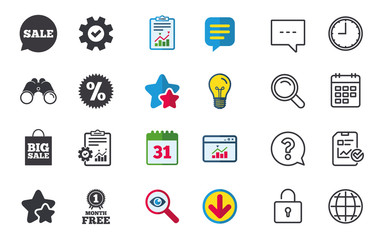 Sale speech bubble icon. Discount star symbol. Big sale shopping bag sign. First month free medal. Chat, Report and Calendar signs. Stars, Statistics and Download icons. Question, Clock and Globe