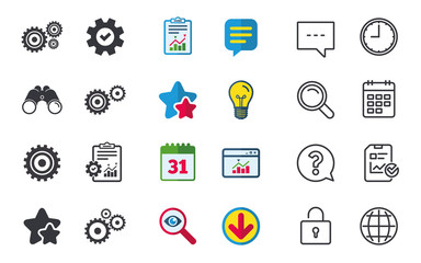 Cogwheel gear icons. Mechanism symbol. Website or App settings sign. Working process performance. Chat, Report and Calendar signs. Stars, Statistics and Download icons. Question, Clock and Globe