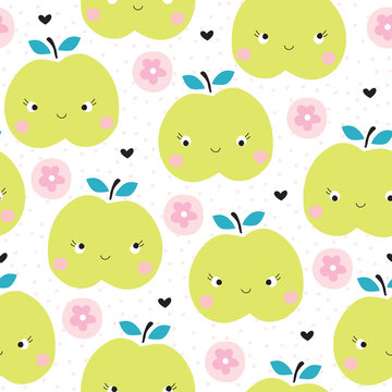 seamless green apples with flowers pattern vector illustration