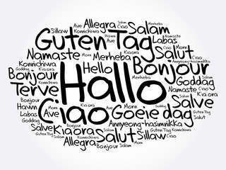 Hallo (Hello Greeting in German) word cloud in different languages of the world, background concept