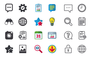 Social media icons. Chat speech bubble and world globe symbols. Hipster photo camera sign. Landscape photo frame. Chat, Report and Calendar signs. Stars, Statistics and Download icons. Vector