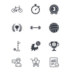 Sport games, fitness icons. Golf, basketball and volleyball signs. Timer, bike and winner cup symbols. Customer service, Shopping cart and Report line signs. Online shopping and Statistics. Vector