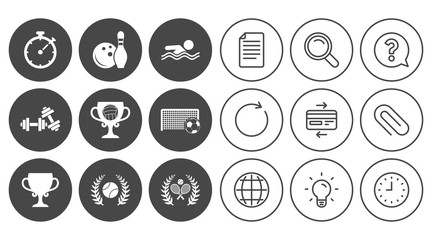 Sport games, fitness icons. Football, tennis and volleyball signs. Swimming, timer and bowling symbols. Document, Globe and Clock line signs. Lamp, Magnifier and Paper clip icons. Vector