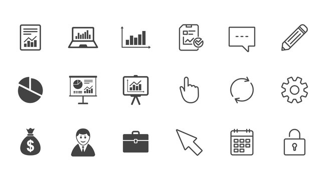 Statistics, accounting icons. Charts, presentation and pie chart signs. Analysis, report and business case symbols. Chat, Report and Calendar line signs. Service, Pencil and Locker icons. Vector