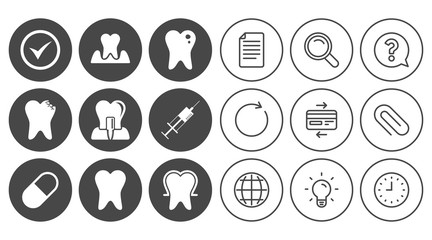 Tooth, dental care icons. Stomatology, syringe and implant signs. Healthy teeth, caries and pills symbols. Document, Globe and Clock line signs. Lamp, Magnifier and Paper clip icons. Vector