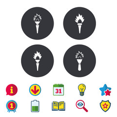Torch flame icons. Fire flaming symbols. Hand tool which provides light or heat. Calendar, Information and Download signs. Stars, Award and Book icons. Light bulb, Shield and Search. Vector
