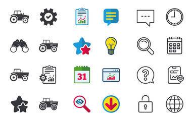 Tractor icons. Agricultural industry transport symbols. Chat, Report and Calendar signs. Stars, Statistics and Download icons. Question, Clock and Globe. Vector