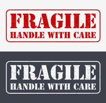 Fragile Symbol for Cargo with Grunge Design. Horizontal Vector Emblem