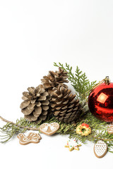 Christmas ornaments. Balls. Toys. Santa claus; Candles; Gifts;