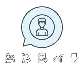 User line icon. Profile Avatar sign. Male Person silhouette symbol. Report, Sale Coupons and Chart line signs. Download, Group icons. Editable stroke. Vector