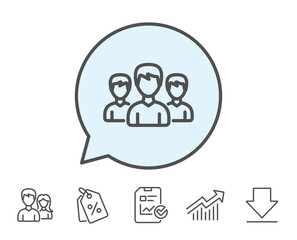 Group line icon. Users or Teamwork sign. Male Person silhouette symbol. Report, Sale Coupons and Chart line signs. Download, Group icons. Editable stroke. Vector