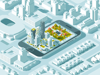 City isometric plan with road and buildings on smart phone. Map on mobile application. 3d vector illustration.