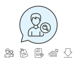 Search User line icon. Profile Avatar with Magnifying glass sign. Male Person silhouette symbol. Report, Sale Coupons and Chart line signs. Download, Group icons. Editable stroke. Vector