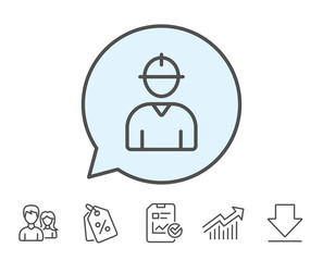 Worker line icon. Engineer Profile sign. Male Person silhouette symbol. Report, Sale Coupons and Chart line signs. Download, Group icons. Editable stroke. Vector