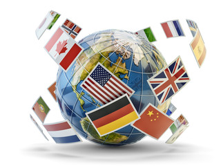 Global communication and international messaging concept, national flags of world countries around...