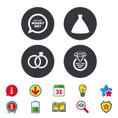 Wedding dress icon. Bride and groom rings symbol. Wedding or engagement day ring with diamond sign. Will you marry me speech bubble. Calendar, Information and Download signs. Vector