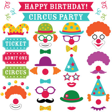 Circus clown party photo booth props (hats, noses, glasses)