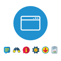 Browser window icon. Internet page symbol. Website empty template sign. Information, Report and Speech bubble signs. Binoculars, Service and Download icons. Vector