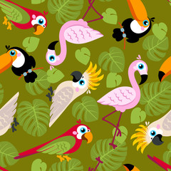 Seamless pattern with pink flamingos, cockatoo parrot, ara, Toucan and green palm leaves. Vector background. Design for fabric and decor.