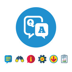 Question answer sign icon. Q&A symbol. Information, Report and Speech bubble signs. Binoculars, Service and Download icons. Vector