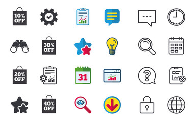Sale bag tag icons. Discount special offer symbols. 10%, 20%, 30% and 40% percent off signs. Chat, Report and Calendar signs. Stars, Statistics and Download icons. Question, Clock and Globe. Vector