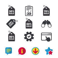Sale price tag icons. Discount special offer symbols. 50%, 60%, 70% and 80% percent sale signs. Browser window, Report and Service signs. Binoculars, Information and Download icons. Stars and Chat