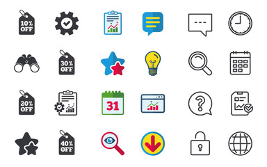 Sale price tag icons. Discount special offer symbols. 10%, 20%, 30% and 40% percent off signs. Chat, Report and Calendar signs. Stars, Statistics and Download icons. Question, Clock and Globe. Vector