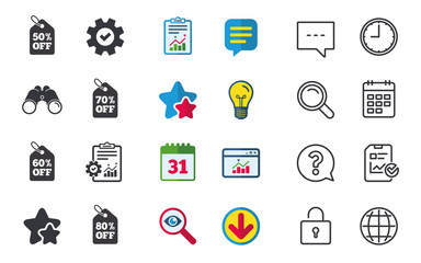 Sale price tag icons. Discount special offer symbols. 50%, 60%, 70% and 80% percent off signs. Chat, Report and Calendar signs. Stars, Statistics and Download icons. Question, Clock and Globe. Vector