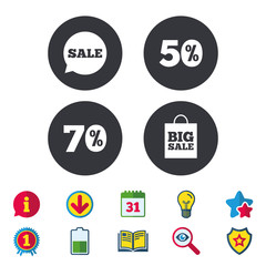 Sale speech bubble icon. 50% and 70% percent discount symbols. Big sale shopping bag sign. Calendar, Information and Download signs. Stars, Award and Book icons. Light bulb, Shield and Search. Vector