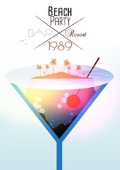 Cocktail with Tropical Island Party Invitation Poster - Vector Illustration