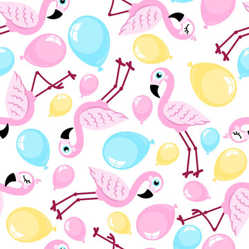 Seamless pattern from pink flamingo and balloons. Vector background. Design for fabric and decor.