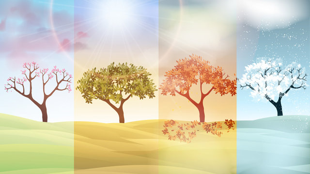 Four Seasons Banners with Abstract Trees and Hills  - Vector Illustration.