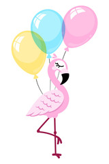 Pink flamingo isolated on white background with balloons. Vector illustration