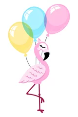 Glasschilderij Dieren met ballon Roze flamingo geïsoleerd op een witte achtergrond met ballonnen. vector illustratie