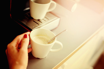 Close-up Coffee Pouring Machine Cooking Toned